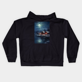 Beautiful Landscape of winter lake in mountain valley - cozy nights in blue skies Kids Hoodie